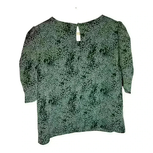 Ophelia Roe Blouse L green black animal print 1 button back Rouched Puff Sleeve - Picture 2 of 8